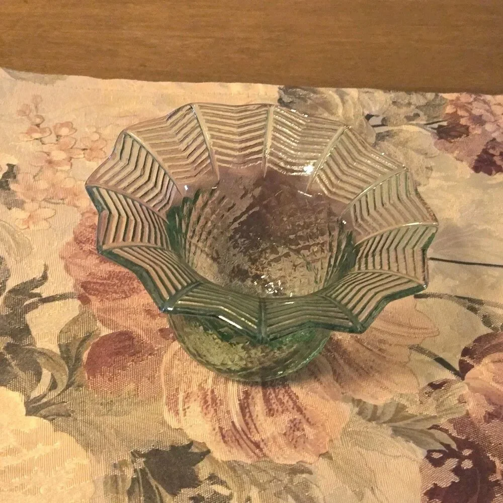 Vintage Green Glass Bowl Vase Patterned Base Flared Rippled Rim, 3 X 5.5